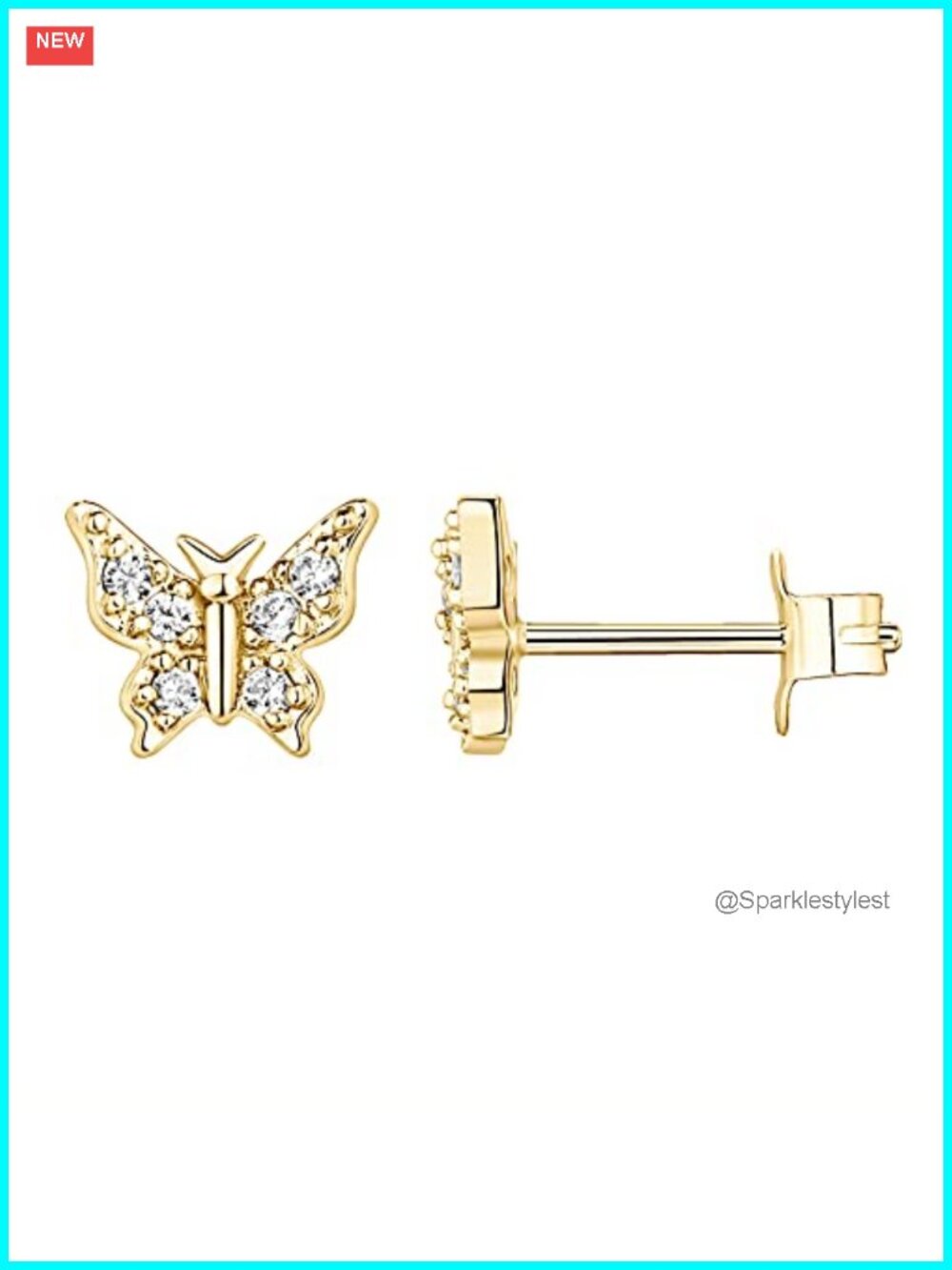 14K Gold Plated Butterfly Stud Earrings with Cubic Zirconia